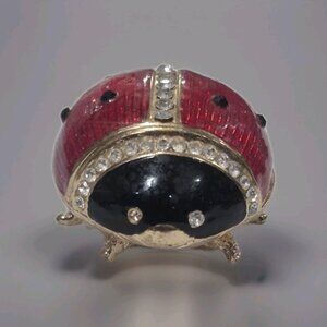Vtg Cloisonne Trinket Box Ladybug Enamel Crystal Red Black Gold